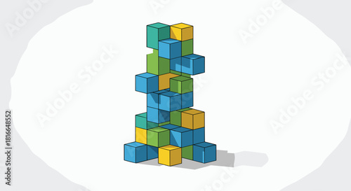 A tall tower of colorful building blocks stacked precariously high, Generative AI.