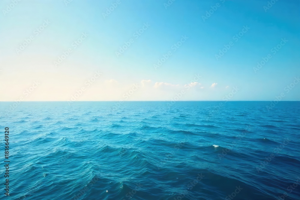 Obraz premium Vast, unbroken expanse of calm ocean meeting the horizon under a clear sky Perfect for travel, serenity, and nature themes A tranquil seascape image , horizon, picturesque