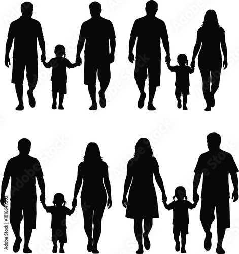 Family walking silhouette, parents with child, parental support, black icon set, bonding moment, father mother child, parenting concept, unity