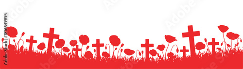 Flat background concept for Remembrance Day illustration. A banner reading we will remember. Silhouette vector of red poppy flowers.

