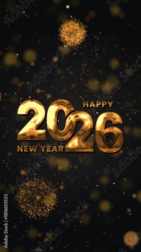 Animated Happy new year 2026 greeting with golden fireworks is perfect for holiday designs, greeting cards, social media posts, and invitations. Ideal for celebrations.