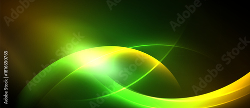 Abstract design features vibrant curves, glowing light. Green, yellow hues dominate dark background. Dynamic energy radiates.