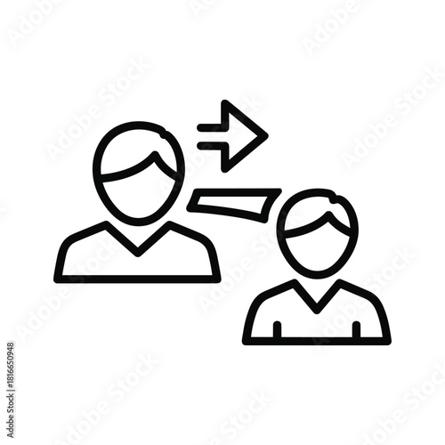 Simple line icon representing data transfer or communication between two user profiles isolated on