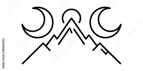 Geometric mountain range outline with twin crescent moons and central sun symbol, simple vector illustration for nature and spirituality Vector, illustration
