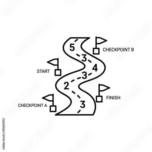 Black and white line art icon illustrating a winding path with numbered segments, start, checkpoints, and finish line, isolated on