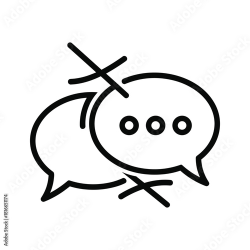 Black and white line icon representing communication breakdown or censorship, two speech bubbles crossed out, isolated on