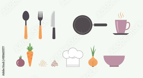Kitchen utensils and food ingredients illustration on white background