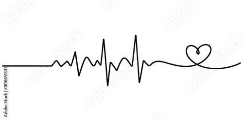 Heartbeat line drawing with an abstract heart shape, symbolizing love, life, health, and medical care, continuous minimalist illustration Vector, illustration
