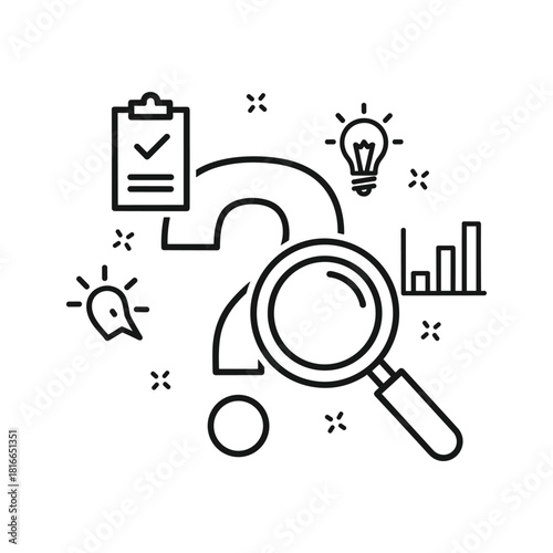 Line art illustration of question mark magnifying glass checklist lightbulb and bar chart representing problem solving and research