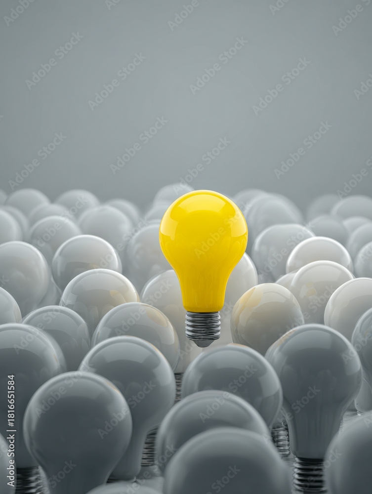Obraz premium A bright yellow light bulb standing out in a sea of white bulbs symbolizing unique ideas and innovation against a neutral gray background