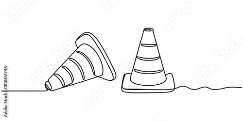Continuous line art drawing featuring two safety traffic cones, one upright and one fallen, depicting construction, warning, and roadwork concepts minimalist. Vector, illustration