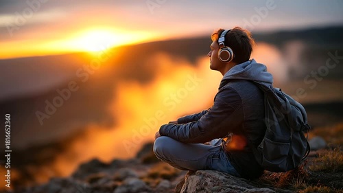 Hiker man with headphones sitting on rock overlooking valley, travel backpack, sunrise fog, with copy space