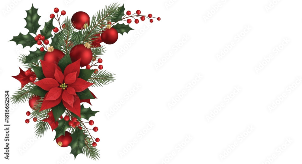 Fototapeta premium Christmas Corner Frame with Poinsettia, Holly Leaves, Pine Branches and Red Baubles Illustration