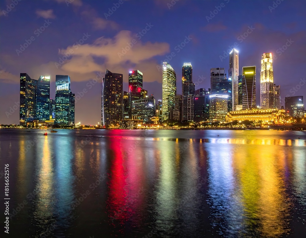 Obraz premium Night View of City Skyline Reflected in Water