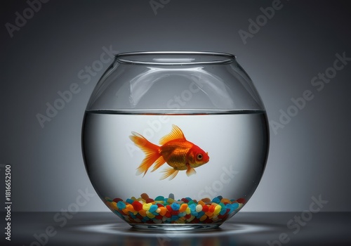 Wallpaper Mural A simple, classic glass fishbowl containing clear water, colorful gravel, and a single bright orange goldfish swimming peacefully in the small habitat ,gravel ,container ,circular Torontodigital.ca