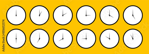 Clocks round faces set. Stopwatch template with different time. Time simple graphic circle sign, symbol. Clock hands icon. Watch face mockups. Hour icon. Noon, morning, evening time watch patterns.