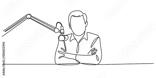 Continuous line drawing of a male podcaster or radio host with arms crossed, sitting at a desk, with a microphone ready for broadcast. Vector, illustration