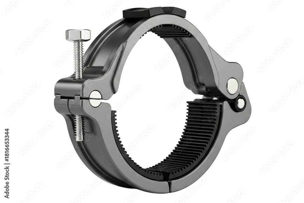 Obraz premium Metal quick-release pipe clamp with rubber lining and tightening screw isolated on a transparent background