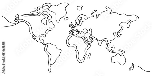 Continuous one line drawing of world map with continents and oceans. global planet earth outline concept. minimalist abstract vector illustration. Vector, illustration