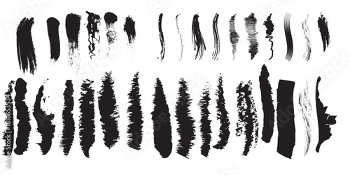 Black brushstrokes, lines, and shapes, vector elements for artistic design. Versatile for digital painting and creative projects providing bold textures to any layout