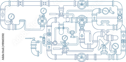 Industrial piping system illustration—interconnected valves, gauges, and fittings in complex fluid transport layout