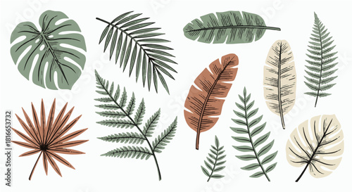 Botanical Bliss: Hand-Drawn Tropical Leaves for Elegant Designs, Earthy Tones Bring Nature Indoors, Perfect for Invitations and Branding Projects
