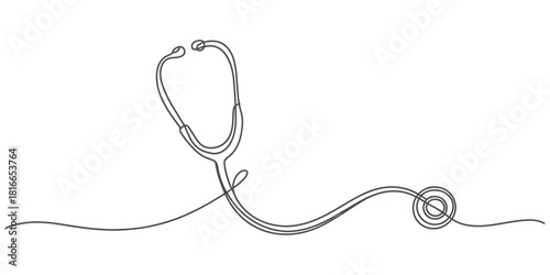 Continuous line art drawing of a medical stethoscope. a minimalist healthcare icon symbolizing diagnosis, treatment, and general well-being. Vector, illustration