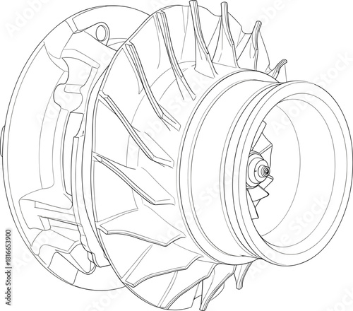 Turbocharger compressor wheel illustration—technical line drawing with housing and curved blades