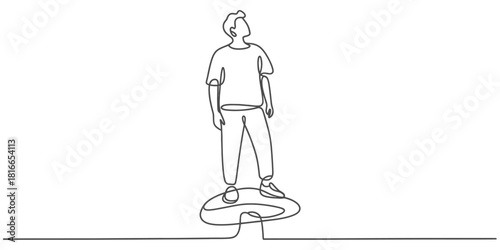 Minimalist continuous line art drawing of a young man standing and looking up with a thoughtful expression, representing contemplation or vision. Vector, illustration
