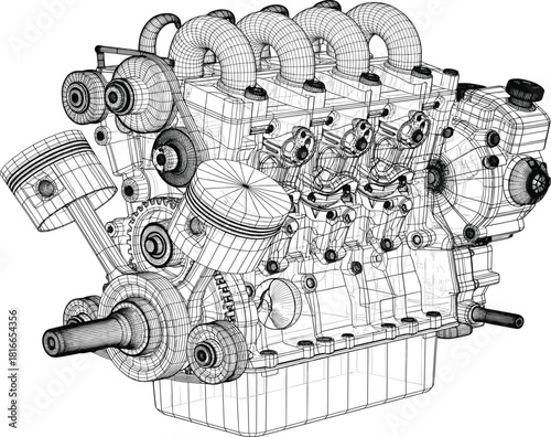 V6 engine wireframe illustration—cutaway model with pistons, crankshaft, camshaft, and manifoldsV6 engine wireframe illustration—cutaway model with pistons, crankshaft, camshaft, and manifolds