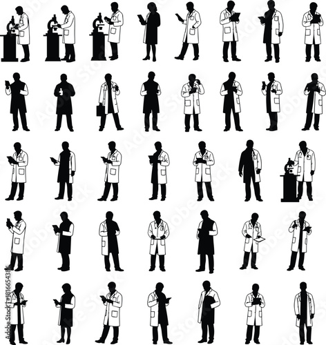 Scientist medical silhouette, lab coat icon, research professional, black white figure, science activity, healthcare expert, analysis pose, diversity set