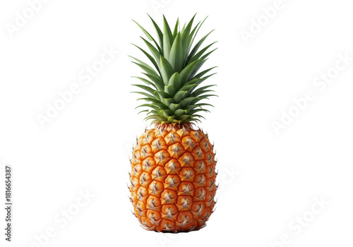 A whole, perfectly ripe golden-orange pineapple with textured skin and deep green crown on a seamless transparent studio background, no shadows, pristine commercial concept