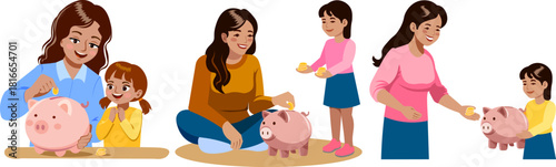mother  daughter put coins in  piggy bank