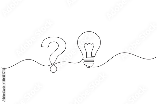 Question mark and light bulb one line art on white background