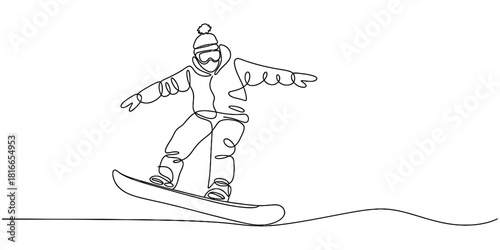 Continuous line art drawing of a snowboarder enjoying winter sports. minimalist illustration of a person on a snowboard with goggles and beanie. Vector, illustration
