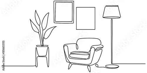 Continuous line art drawing of a minimalist interior. cozy armchair, potted plant, floor lamp, and wall frames in a modern home design. Vector, illustration