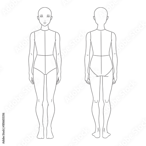 Children's fashion design template featuring a girl croquis in front, and back views. Clean line art illustration perfect for kids' clothing designers, children's fashion sketching,