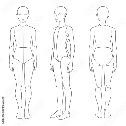 Children's fashion design template featuring a girl croquis in front, side, and back views. Clean line art illustration perfect for kids clothing designers, children's fashion sketching,