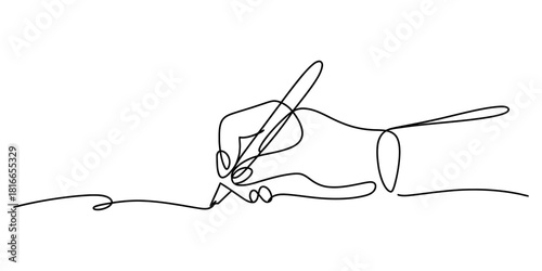 One continuous line drawing of a human hand holding a pen and writing, symbolizing education, creativity, authorship, and communication concept Vector, illustration