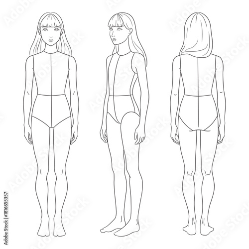 Children's fashion design template featuring a girl croquis in front, side, and back views. Clean line art illustration perfect for kids clothing designers, children's fashion sketching,