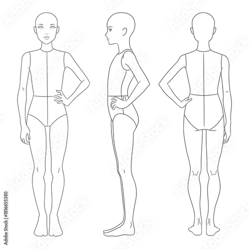 Children's fashion design template featuring a girl croquis in front, side, and back views. Clean line art illustration perfect for kids' clothing designers, children's fashion sketching,