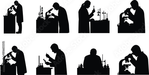 Scientist silhouette set, lab activity icon, microscope usage, test tube pose, research equipment, black graphic, science teamwork, experiment scene