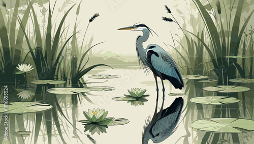 Elegant Heron Standing in Tranquil Pond Surrounded by Lily Pads 
