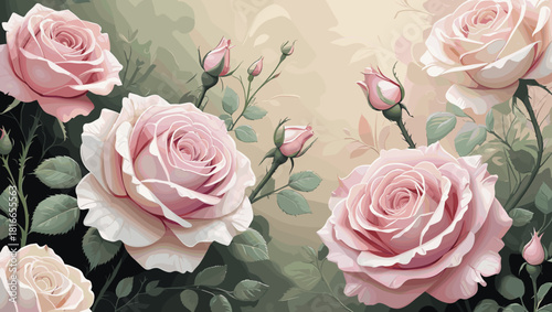 Elegant Roses in Soft Pink and Cream Illustration with Green Leaves 