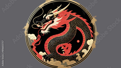 Traditional Dragon Illustration in Circular Design with Vivid Colors 