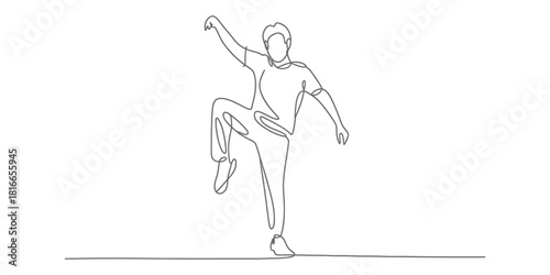 Continuous line art drawing of a man balancing on one leg, striking a dynamic pose, symbolizing fitness, agility, balance, and simple artistic flow. Vector, illustration