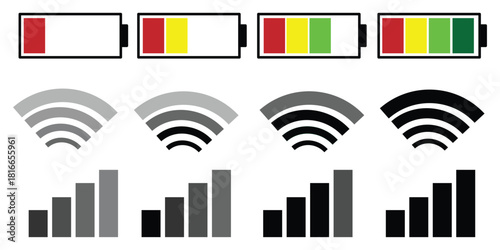 Signal strength wifi and battery icons technology. Connectivity and Power Status Indicators, Mobile Network Symbols