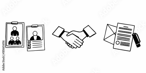 Hand drawn business elements showing hiring process, handshake, and contract agreement details here