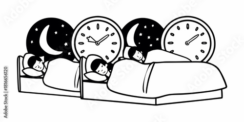 Two beds with sleeping people under moon and stars with clocks showing bedtime in black and white style