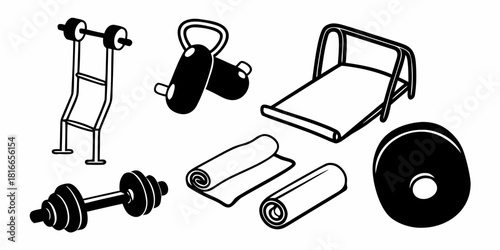 Illustration of various gym equipment including dumbbells, weight rack, and exercise mat items present